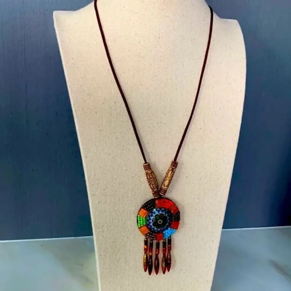Boho Beaded Pendant Necklace, Earthy Western Style